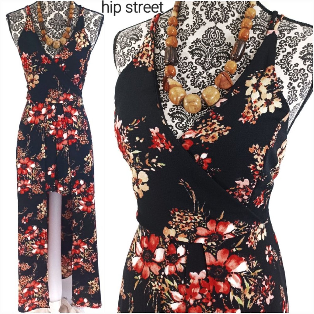 MIAMI Double Spaghetti Strap Stretch Floral Romper With Long Skirt L